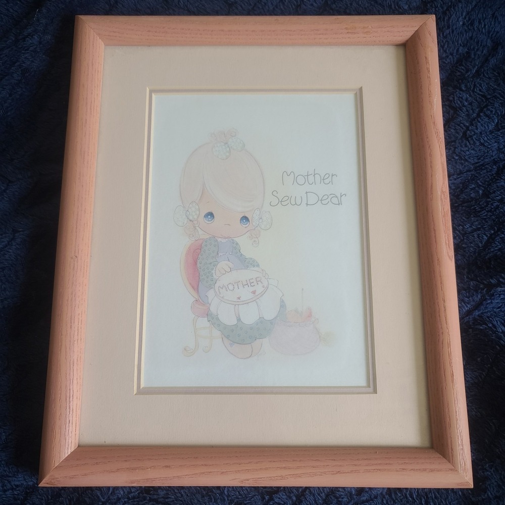 Precious Moments Framed With Glass  "Mother‎ Sew Dear" Girl Embroidering 11x8